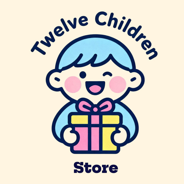 Logo of Twelve Children Store with a cartoon character holding a gift box on a white background